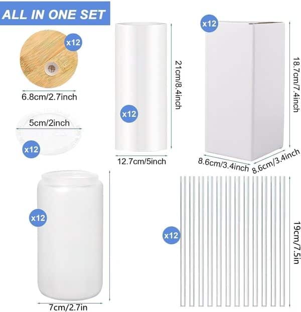 Malloom Lot de 12 verres vierges en verre à sublimation avec couvercle, 473,6 g, verre givré pour canette de bière avec pailles et boîte cadeau, verres à sublimation pour café glacé, jus, soda