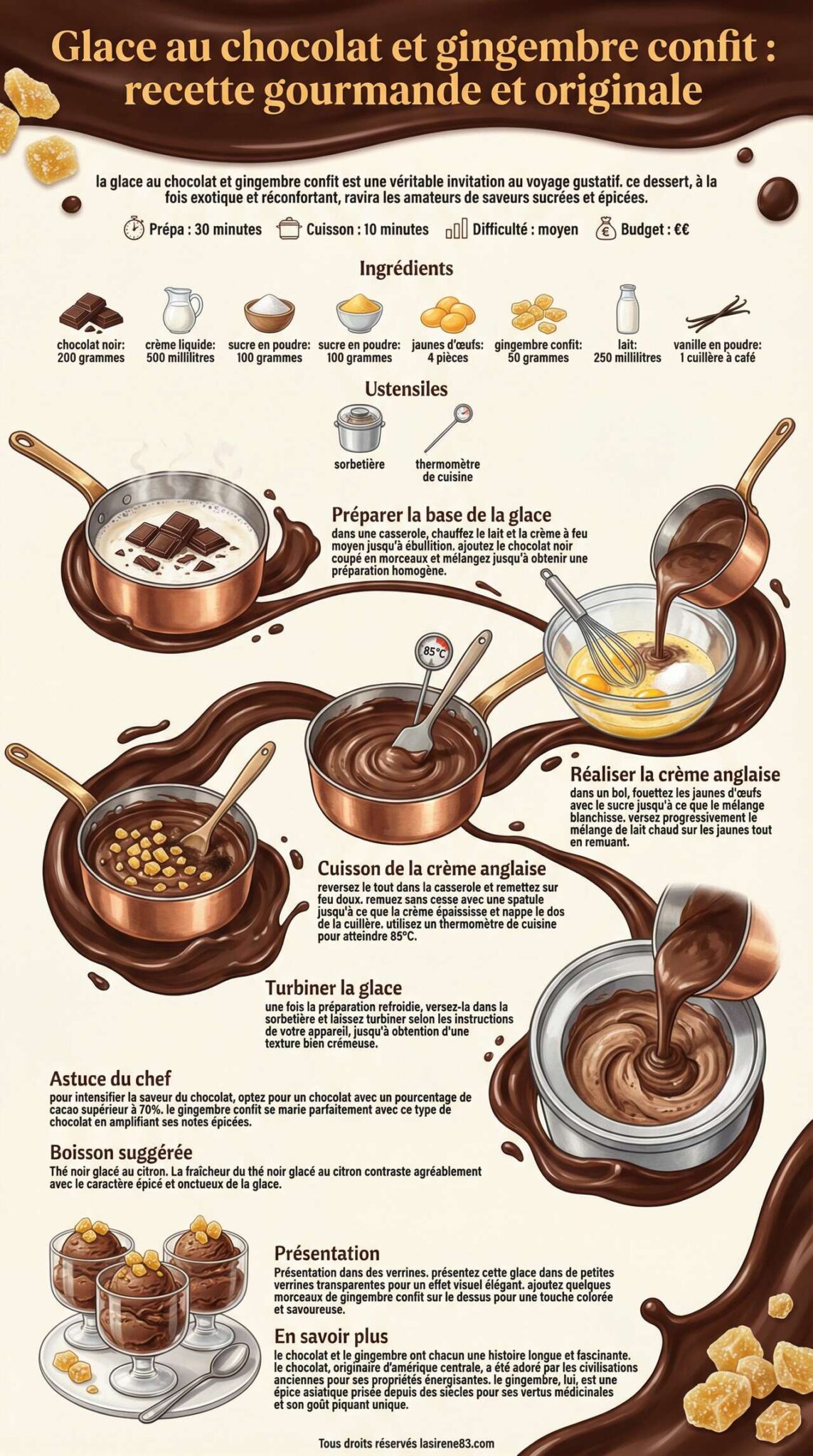 Fiche recette Glace au chocolat et gingembre confit : recette gourmande et originale