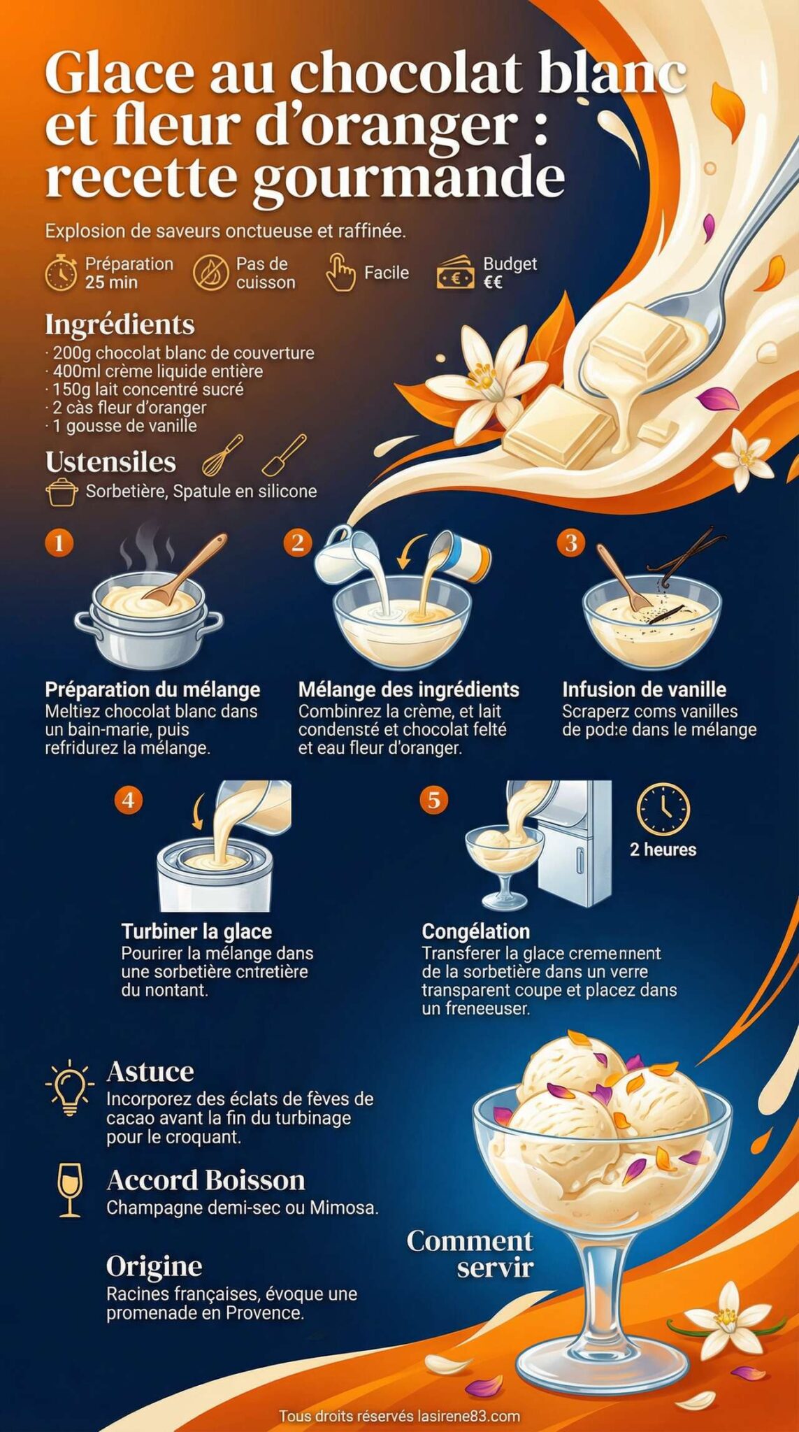 Fiche recette Glace au chocolat blanc et fleur d'oranger : recette gourmande