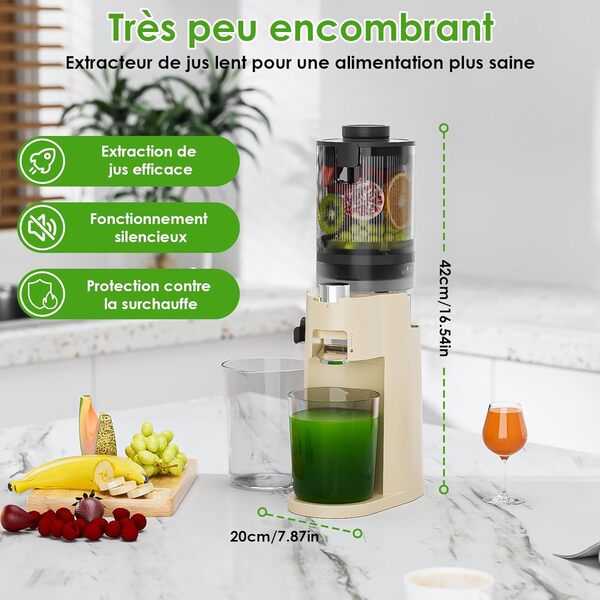 Extracteur De Jus Compact, 150W Extracteur de Jus de Fruits et Légumes Entiers, Slow Juicer Presse à Froid (40-100 tr/min, 65dB) avec Filtre SUS, Sans BPA, Sécurité Anti-Surchauffe, Facile à nettoyer