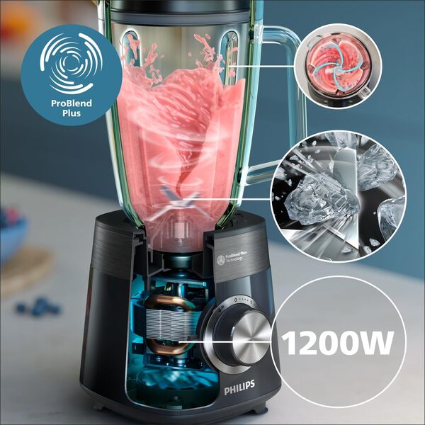 Philips Blender Series 5000 - Puissance 1200W, Bol verre, Capacité totale de 2L, 3 vitesses + Pulse, Gourde incluse, Nettoyage facile, Pièces résistantes au lave-vaisselle, Noir (HR3031/00)