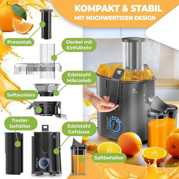 KESSER - Centrifugeuse en Inox Fruits et légumes 1100W, Extracteur de jus, Capacité 1L, Ouverture 85mm