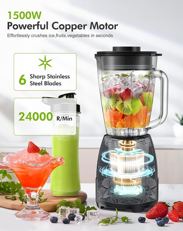Blender Mixeur, 1500W Blender Smoothie 24000 tours/min, 12 Vitesse ajustable, 6 Lames en acier Inox avec Bol en verre 1,5L /bouteille de sport de 600 ml sans BPA Utilisation & Nettoyage facile