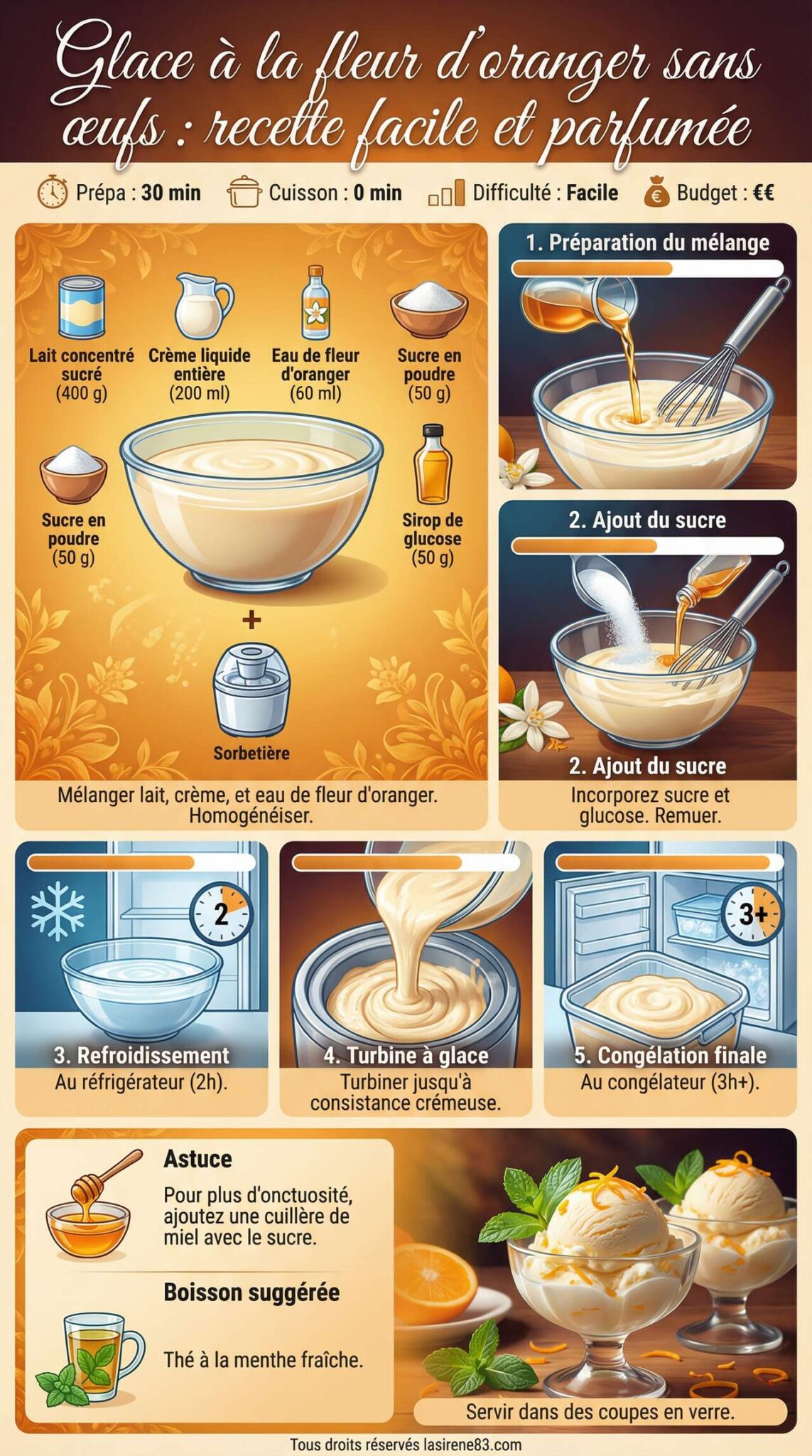 Fiche recette Glace &agrave; la fleur d'oranger sans &oelig;ufs : recette facile et parfum&eacute;e