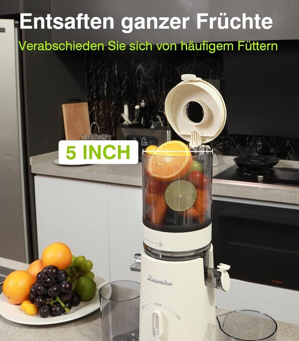 Slow Juicer, Zasmira Écraseur de fruits et légumes le plus récent avec orifice d'alimentation large de 120 mm, Haut rendement en jus pour fruits et légumes entiers, Facile à nettoyer