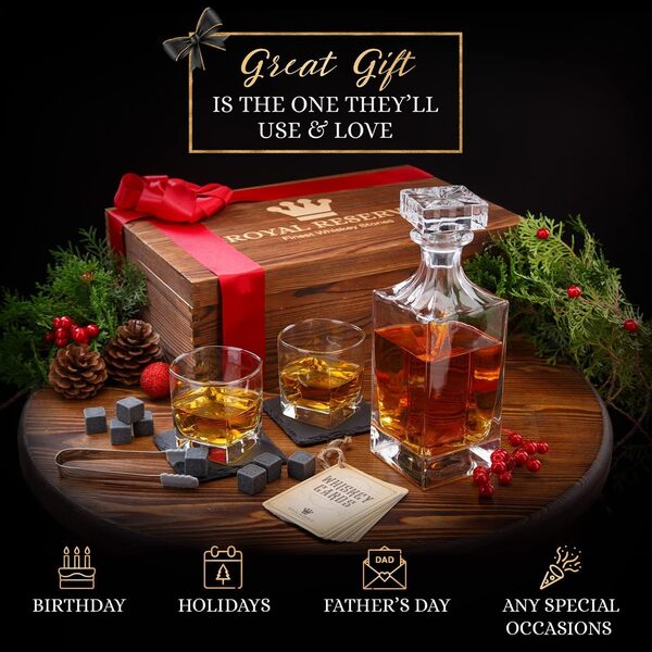 Coffret Whisky Cadeau – Verres, Carafe, Glacon Pierre Reutilisable, Dessous de Verre, Pinces à Glace, Boîte en Bois, Cartes Recettes, Sac en Velours – Service a Whisky pour Homme de Royal Reserve…