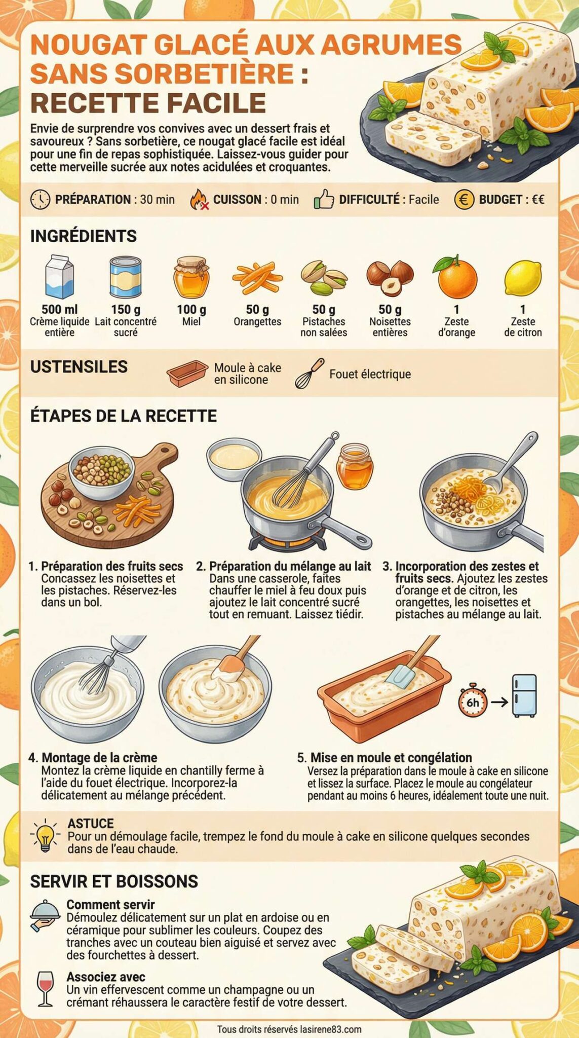 Fiche recette Nougat glac&eacute; aux agrumes sans sorbeti&egrave;re : recette facile