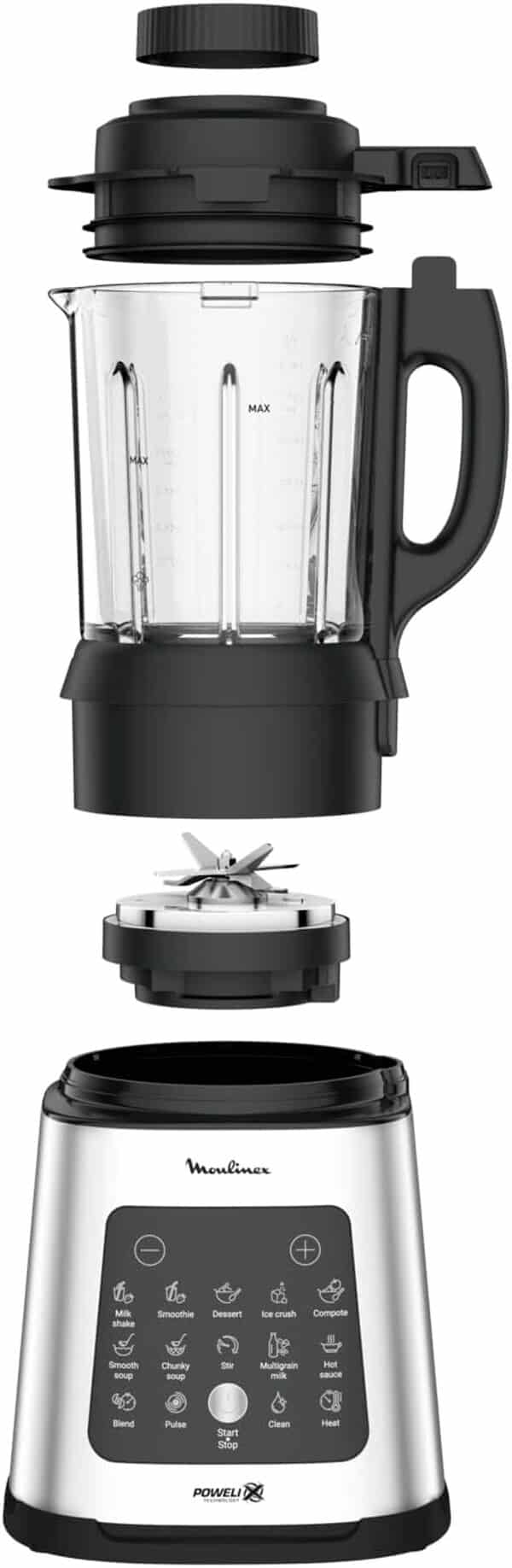 Moulinex Perfectmix Cook blender chauffant à haute vitesse, 10 programmes automatiques, 1400 W, YY5607FG, Noir et Transparent, Métal