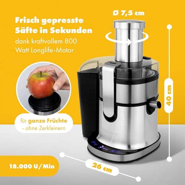 PROFI COOK PC-AE 1156 - Centrifugeuse Professionnelle - Bol 1 litre - 5 vitesses - Fonction turbo - Commande tactile - Affichage LED - 800 Watts - Couleur Argent et Noir