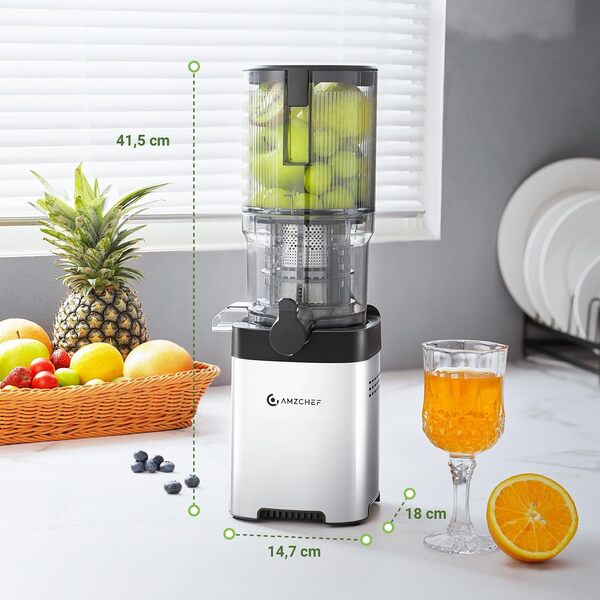 AMZCHEF Extracteur De Jus, Trous D'alimentation Larges De 126 Mm Pour Les Fruits Et Légumes Entiers, Extracteur Jus Lente En Acier Inoxydable Facile À Nettoyer, Grande Vis Sans Fin, Double Filtre