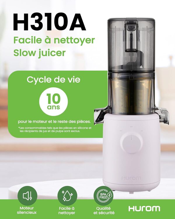 HUROM | Extracteur de jus | Extracteur à Jus de Fruits et Legumes | H310A | Presse à Froid | Moteur silencieux | Facile à nettoyer | Design compact | 220ml | 100 Watt | Sans BPA (Lavender)