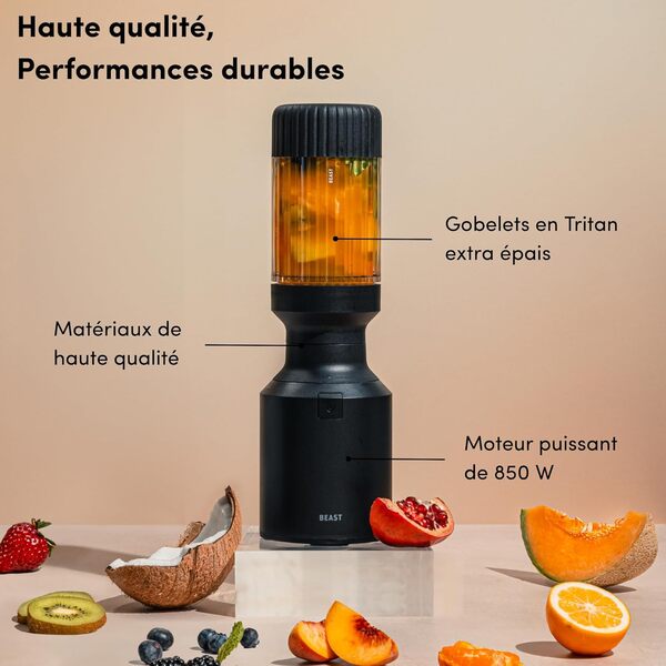 BEAST Blender smoothie 850W - Mixeur haute performance avec bouteille portable en Tritan - 640 ml - Couvercles et lames en acier inoxydable - Smoothie maker pour milkshakes, sauces et plus