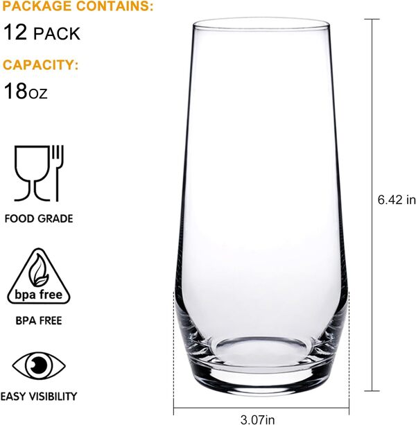 Cadamada Lot de 12 verres highball de 532 ml, adaptés pour le vin, les verres à thé glacé, les kits de mojito, les cocktails, les boissons, le bureau, les fêtes, les mariages et les cadeaux