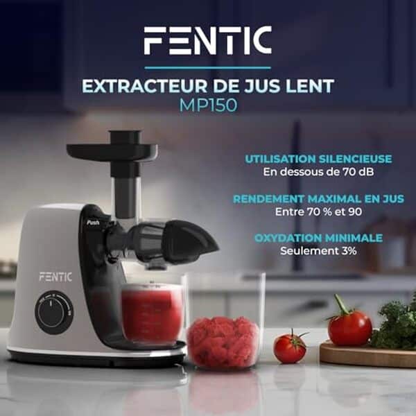 Découvrez l'efficacité de l'extracteur Fentic avec son moteur silencieux et sa fonction inversée pour des jus frais et nutritifs au quotidien