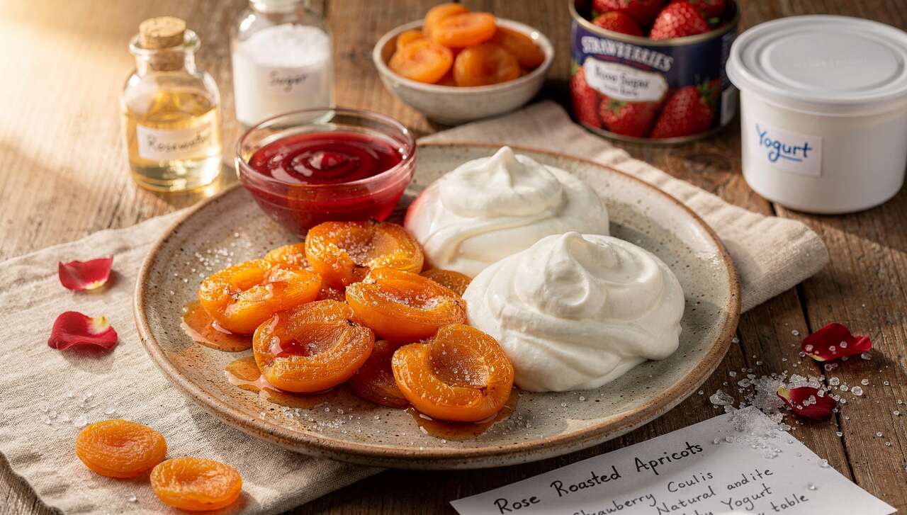 Abricots rôtis à la rose, coulis de fraise et yaourt