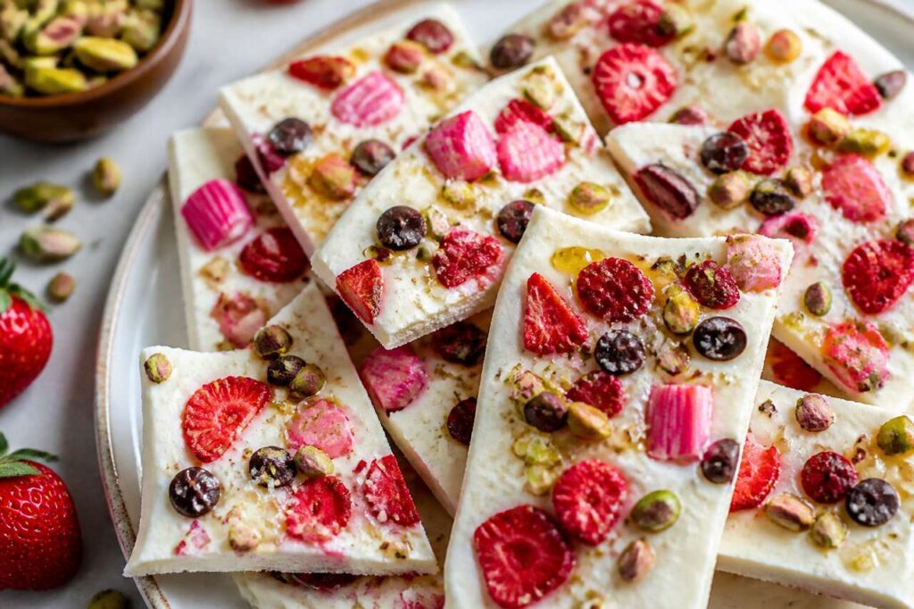 Frozen yogurt bark fraise rhubarbe chocolat : recette délicieuse et rafraîchissante