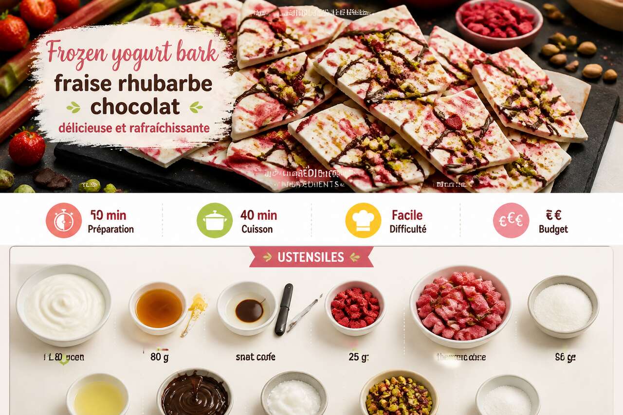 Fiche recette Frozen yogurt bark fraise rhubarbe chocolat : recette d&eacute;licieuse et rafra&icirc;chissante