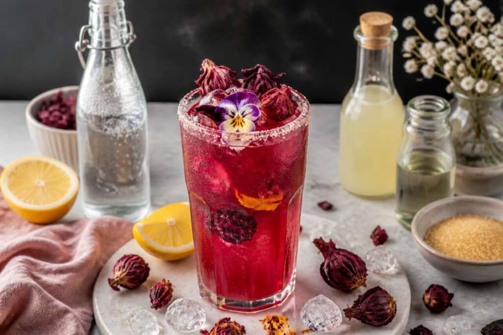 Mocktail à l'hibiscus et fleurs séchées : recette rafraîchissante