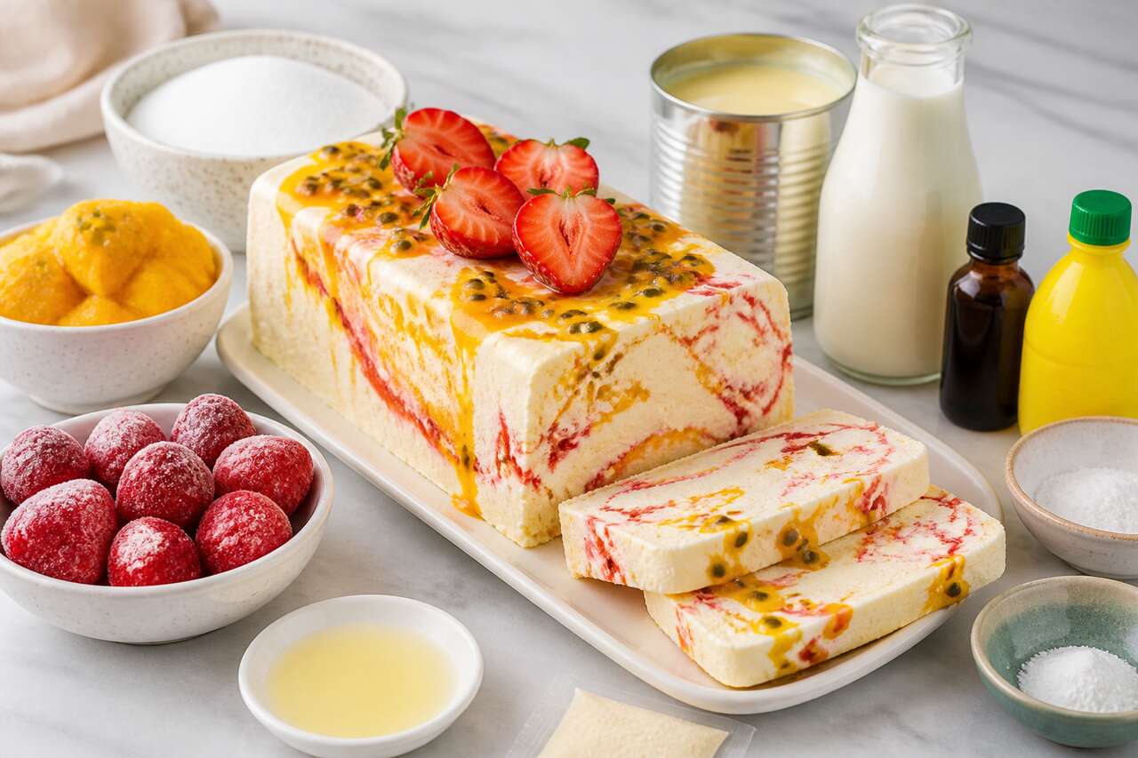 Recette de glace sans sorbetière : lait concentré, semi-freddo passion et fraises