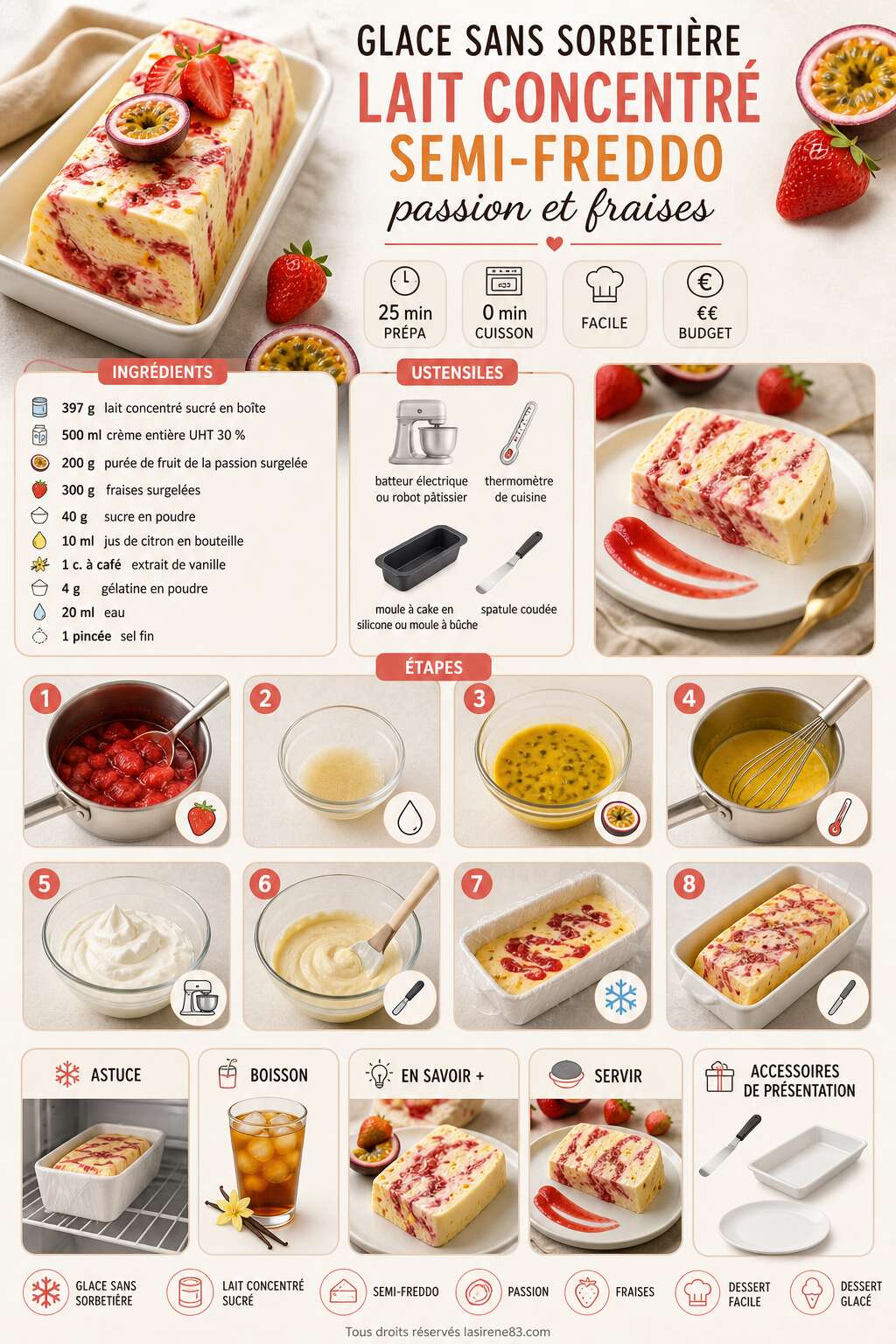 Fiche recette Recette de glace sans sorbeti&egrave;re : lait concentr&eacute;, semi-freddo passion et fraises