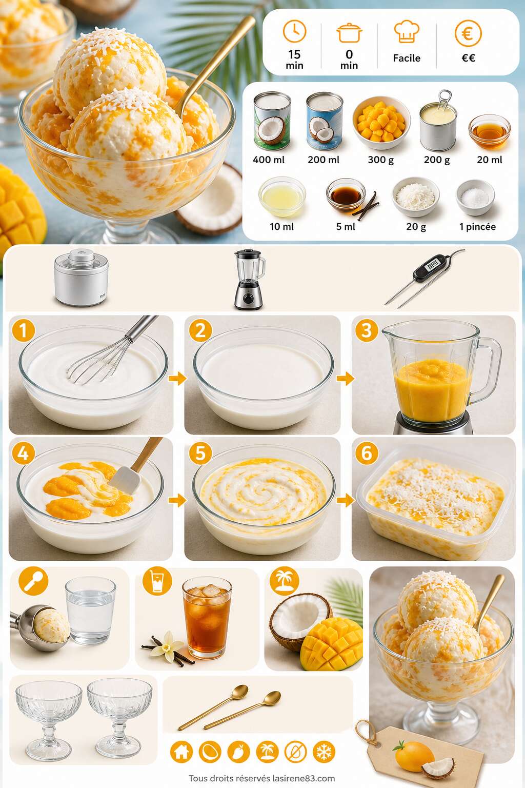 Fiche recette Glace coco mangue : recette exotique et rafraîchissante Fiche recette Glace coco mangue : recette exotique et rafraîchissante