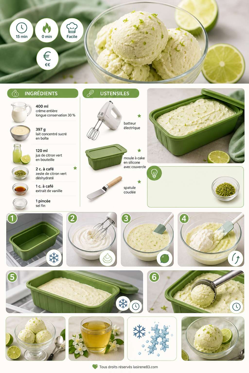 Fiche recette Glace citron vert facile : sans sorbetière, sans œufs Fiche recette Glace citron vert facile : sans sorbetière, sans œufs