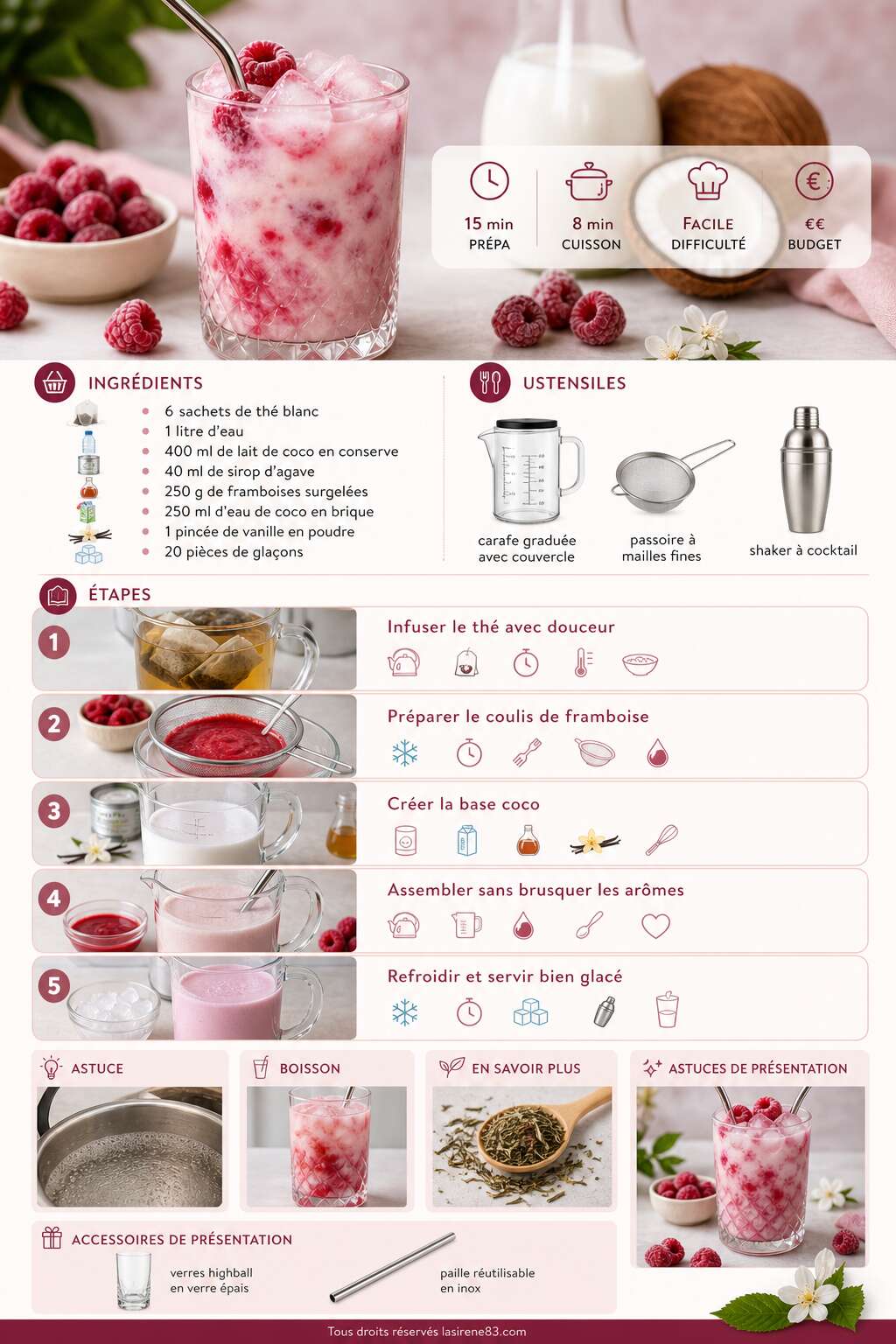 Fiche recette Thé blanc glacé coco framboise : une recette rafraîchissante Fiche recette Thé blanc glacé coco framboise : une recette rafraîchissante