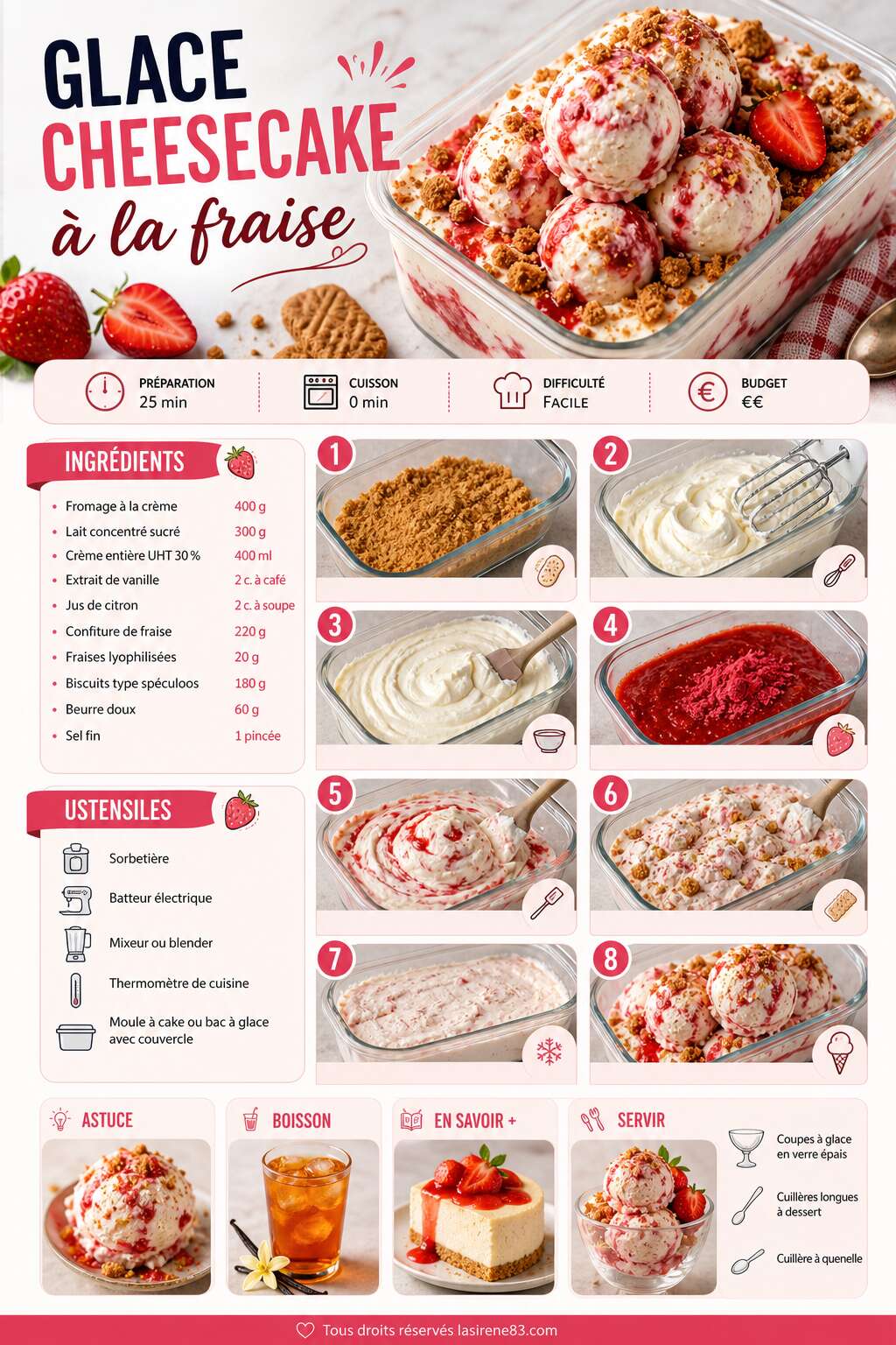Fiche recette Recette de glace cheesecake à la fraise Fiche recette Recette de glace cheesecake à la fraise