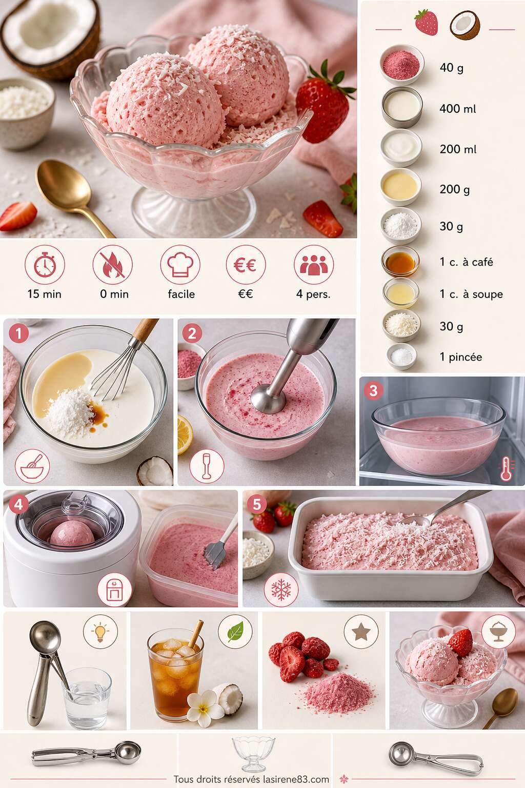 Fiche recette Glace fraise et coco : recette rafraîchissante d'été Fiche recette Glace fraise et coco : recette rafraîchissante d'été