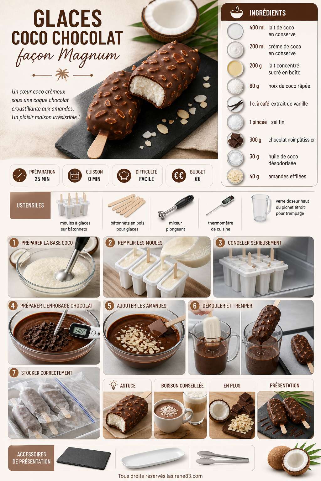 Fiche recette Glaces Coco Chocolat façon Magnum : recette délicieuse Fiche recette Glaces Coco Chocolat façon Magnum : recette délicieuse