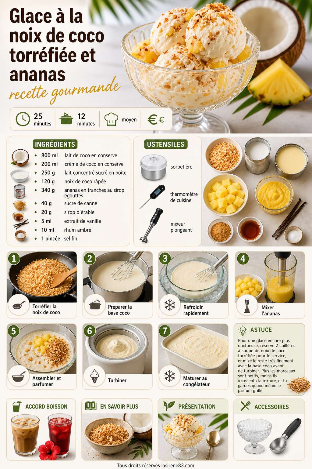 Fiche recette Glace à la noix de coco torréfiée et ananas : recette gourmande Fiche recette Glace à la noix de coco torréfiée et ananas : recette gourmande