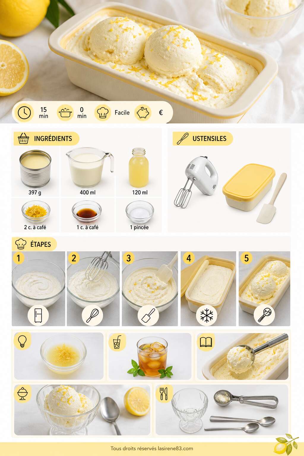 Fiche recette Glace au citron sans sorbetière avec lait concentré Fiche recette Glace au citron sans sorbetière avec lait concentré