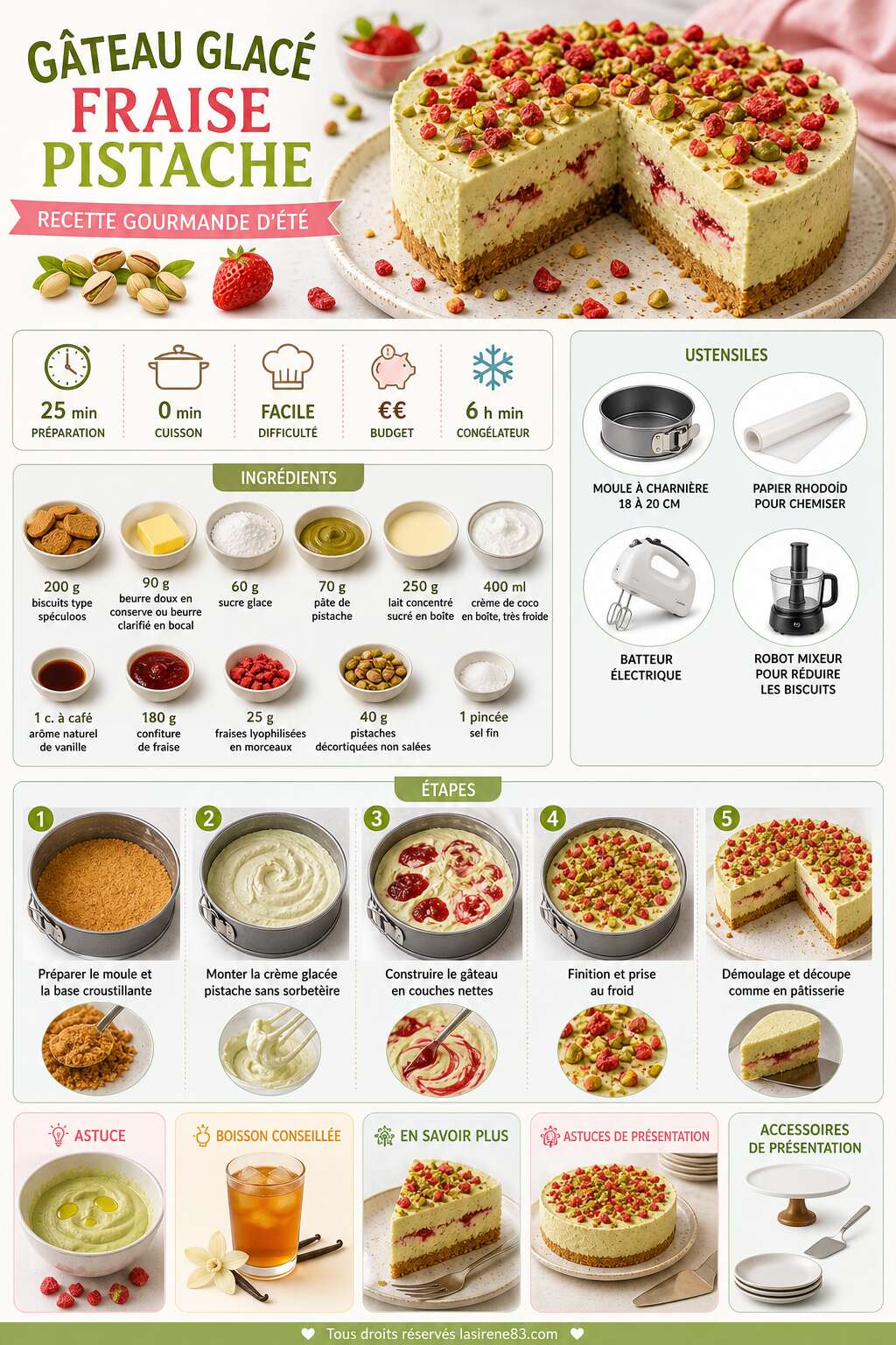 Fiche recette G&acirc;teau glac&eacute; fraise pistache : recette gourmande d'&eacute;t&eacute;
