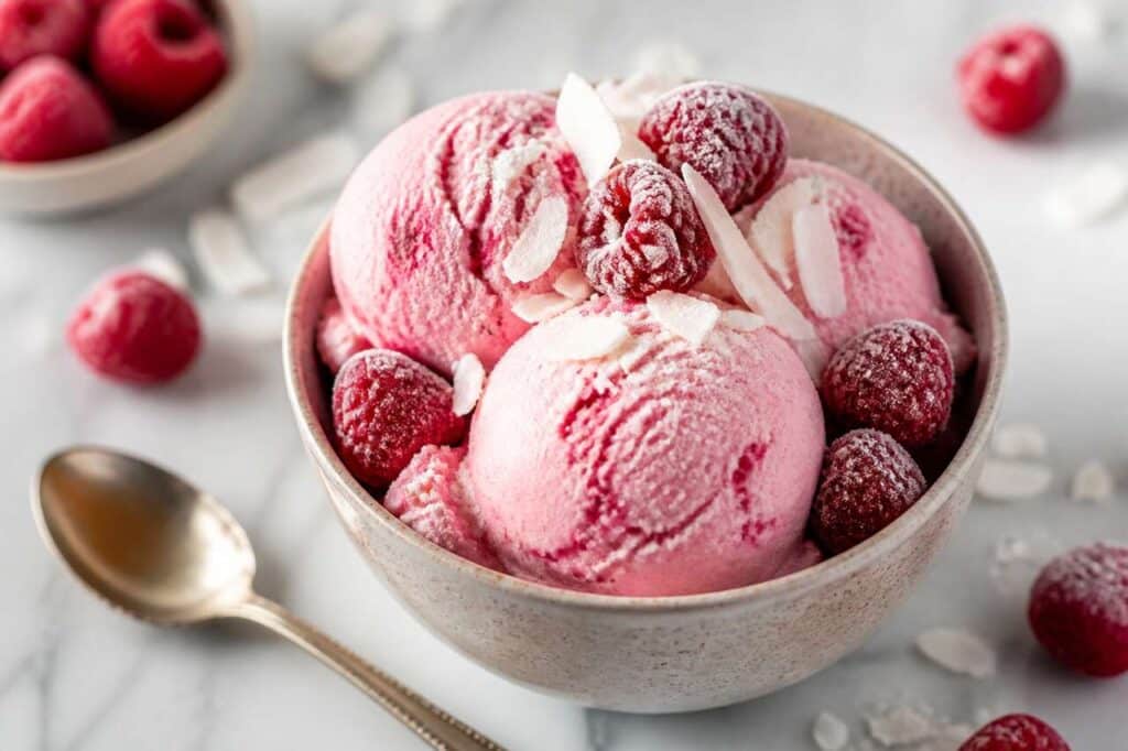 Recette de glace framboise-coco sans œufs : dessert facile et rapide