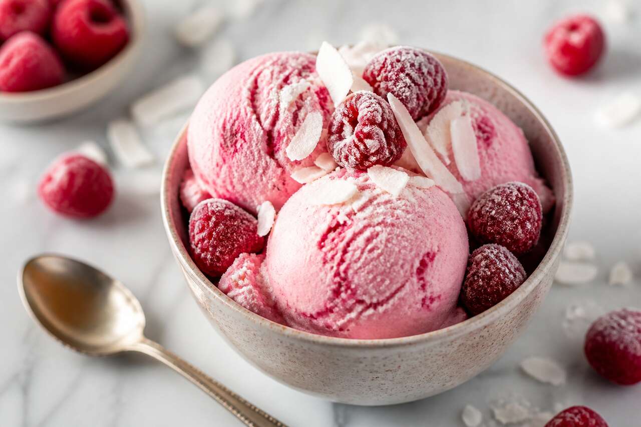 Recette de glace framboise-coco sans œufs : dessert facile et rapide