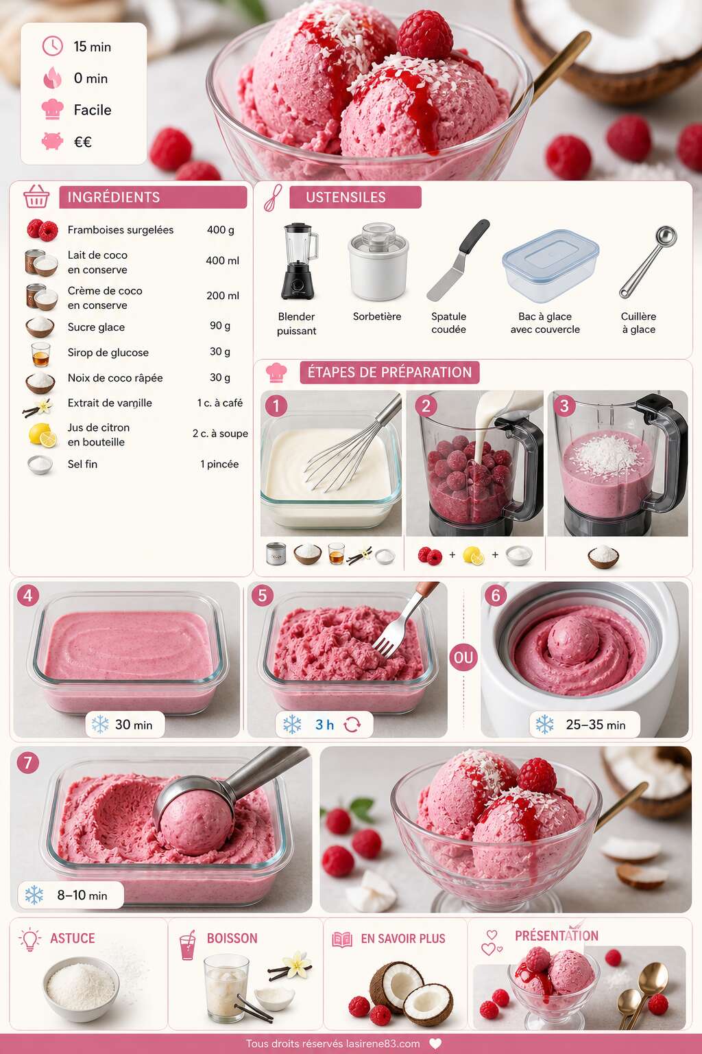 Fiche recette Recette de glace framboise-coco sans &oelig;ufs : dessert facile et rapide