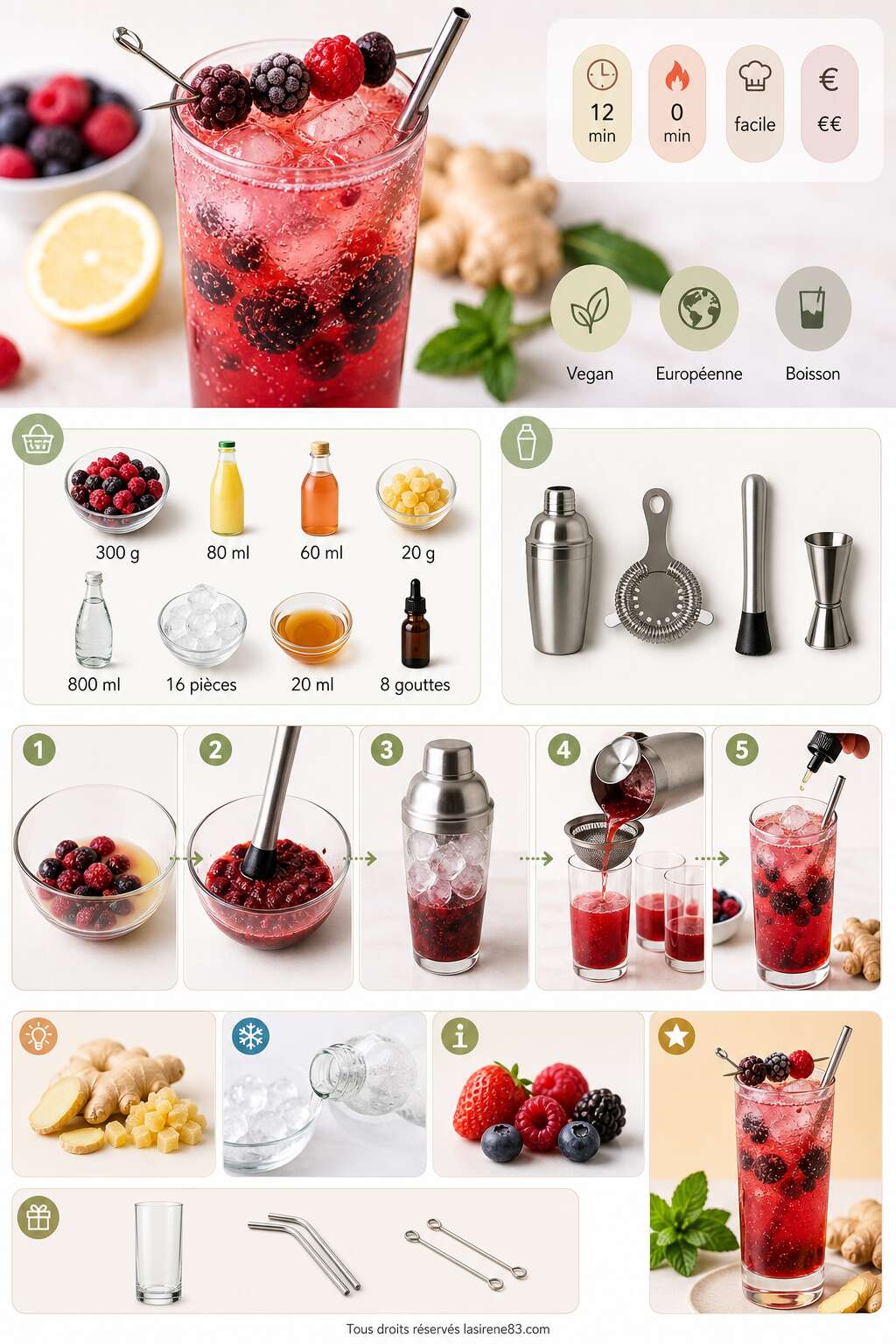 Fiche recette Mocktail Rafra&icirc;chissant : baies et Gingembre
