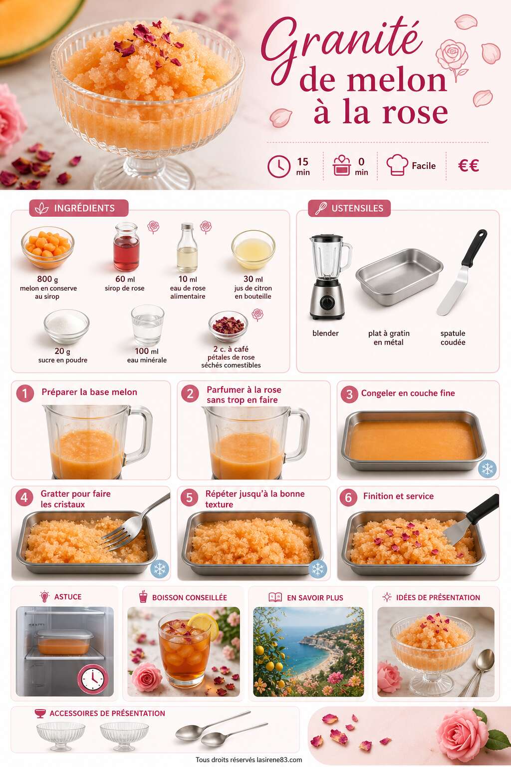 Fiche recette Granité de melon à la rose : recette rafraîchissante de l'été Fiche recette Granité de melon à la rose : recette rafraîchissante de l'été