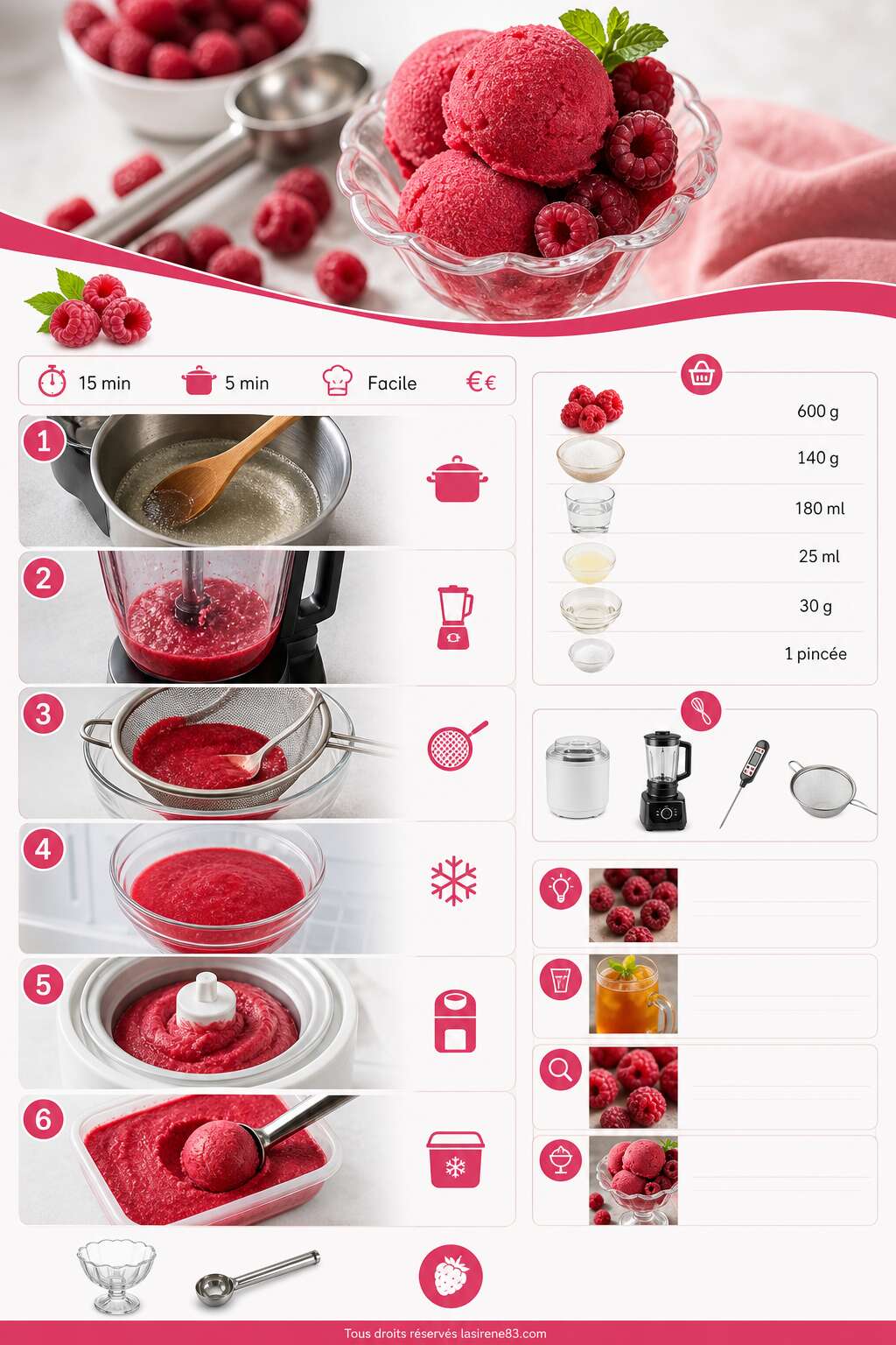 Fiche recette Sorbet aux framboises : recette facile et rafraîchissante Fiche recette Sorbet aux framboises : recette facile et rafraîchissante