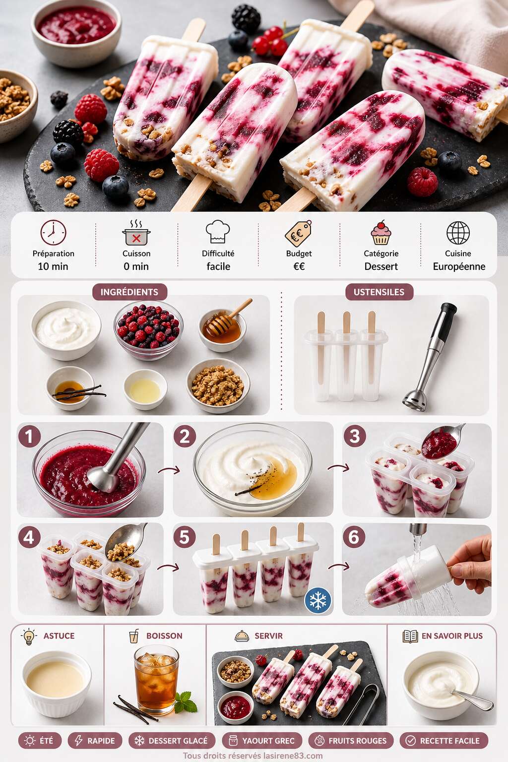 Fiche recette Sucettes glacées au yaourt grec et fruits rouges : recette maison rafraîchissante Fiche recette Sucettes glacées au yaourt grec et fruits rouges : recette maison rafraîchissante
