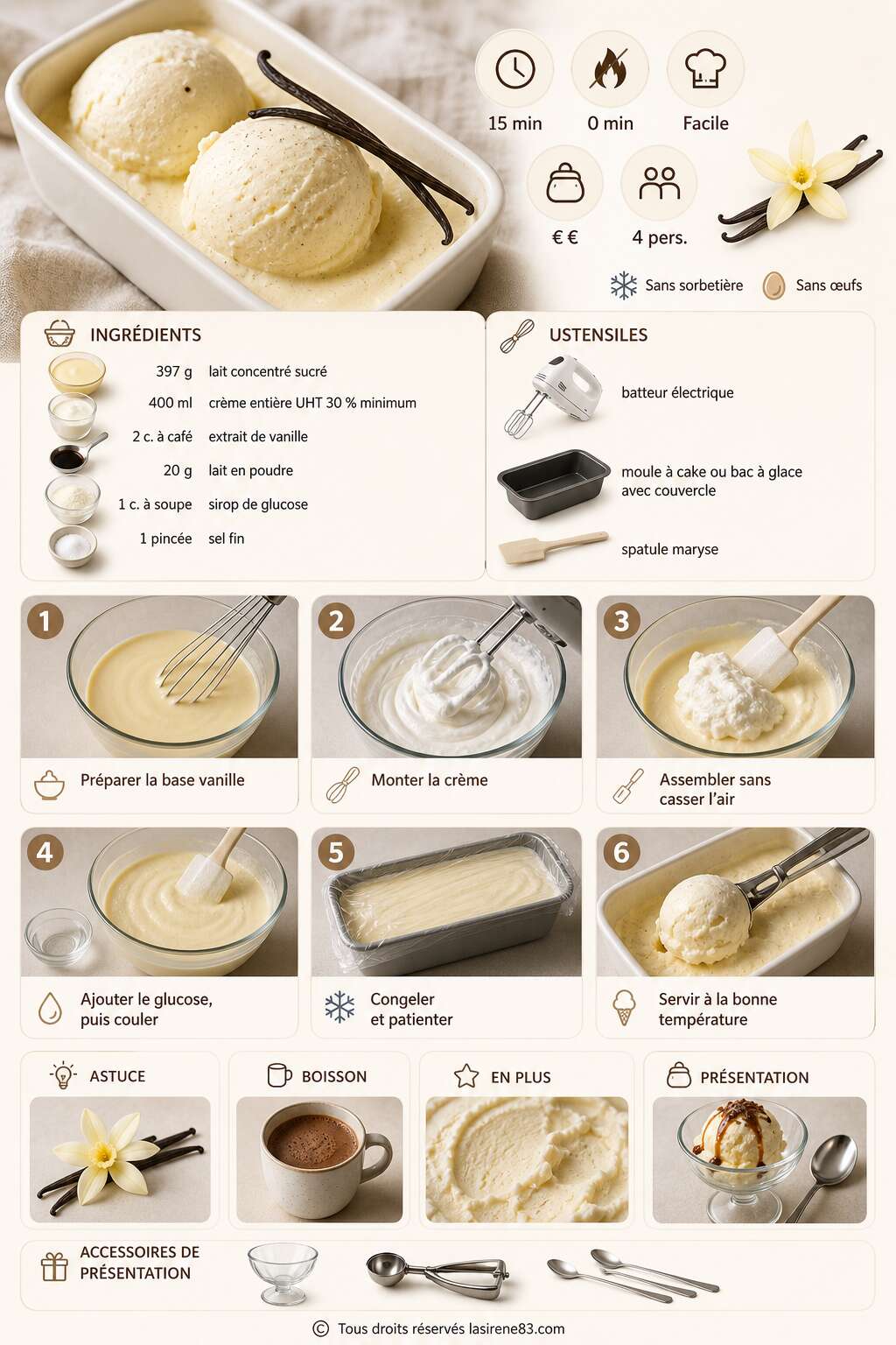 Fiche recette Glace vanille sans sorbeti&egrave;re et sans oeufs : recette facile