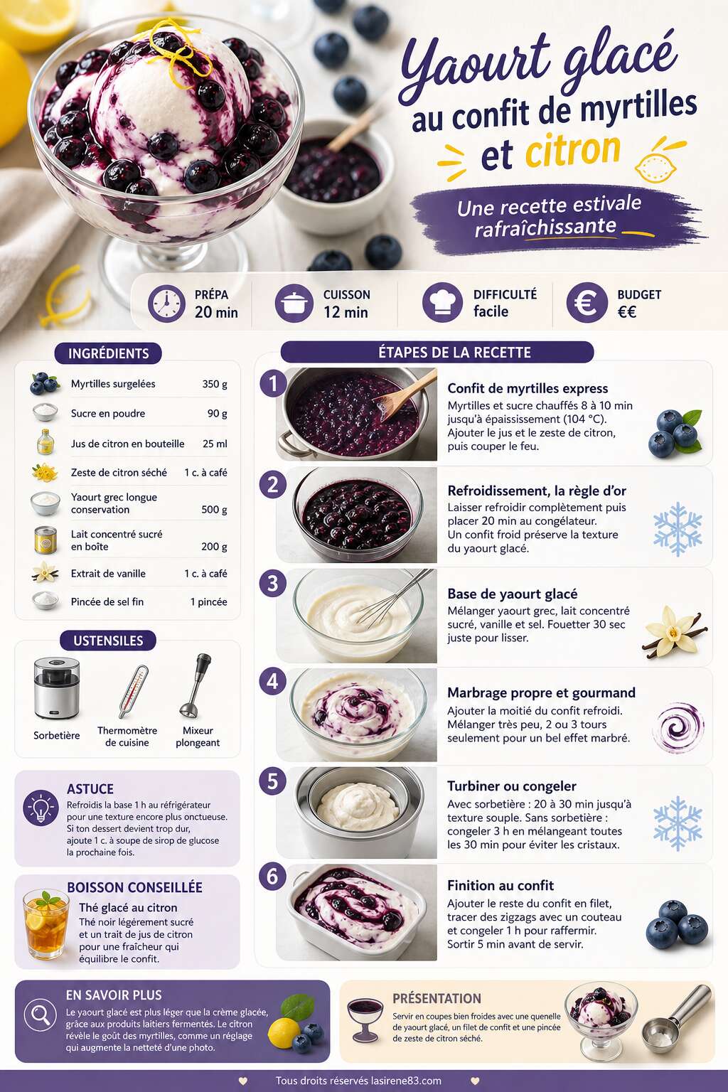 Fiche recette Yaourt glac&eacute; au confit de myrtilles et citron : une recette estivale rafra&icirc;chissante