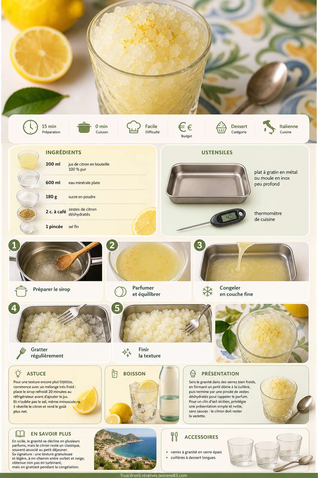Fiche recette Granit&eacute; au citron : recette italienne authentique