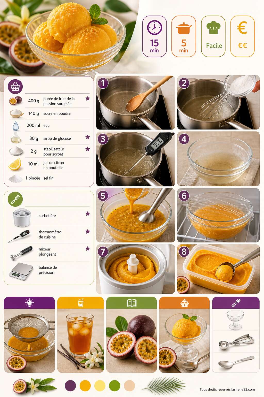 Fiche recette Sorbet aux fruits de la passion : recette exotique et rafraîchissante Fiche recette Sorbet aux fruits de la passion : recette exotique et rafraîchissante