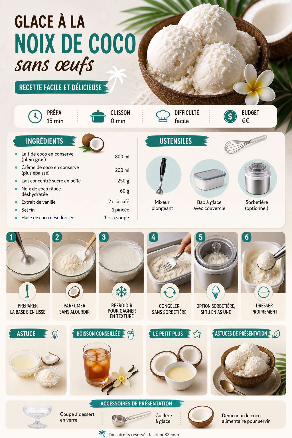 Fiche recette Glace &agrave; la noix de coco sans &oelig;ufs : recette facile et d&eacute;licieuse