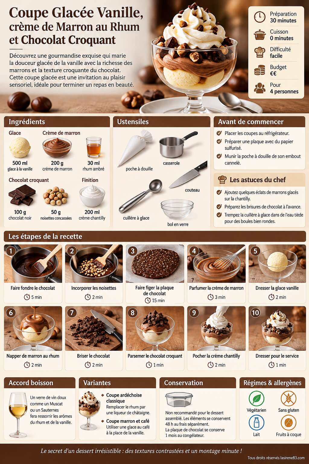 Fiche recette Recette : coupe Glacée Vanille, crème de Marron au Rhum et Chocolat Croquant Fiche recette Recette : coupe Glacée Vanille, crème de Marron au Rhum et Chocolat Croquant