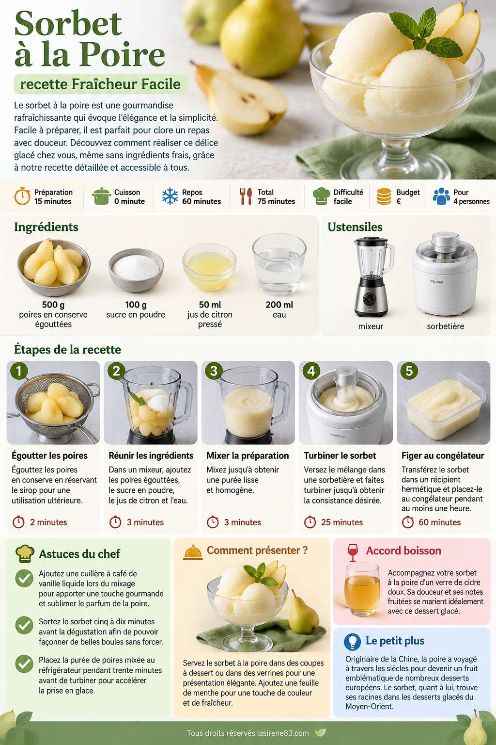Fiche recette Sorbet à la Poire : recette Fraîcheur Facile Fiche recette Sorbet à la Poire : recette Fraîcheur Facile